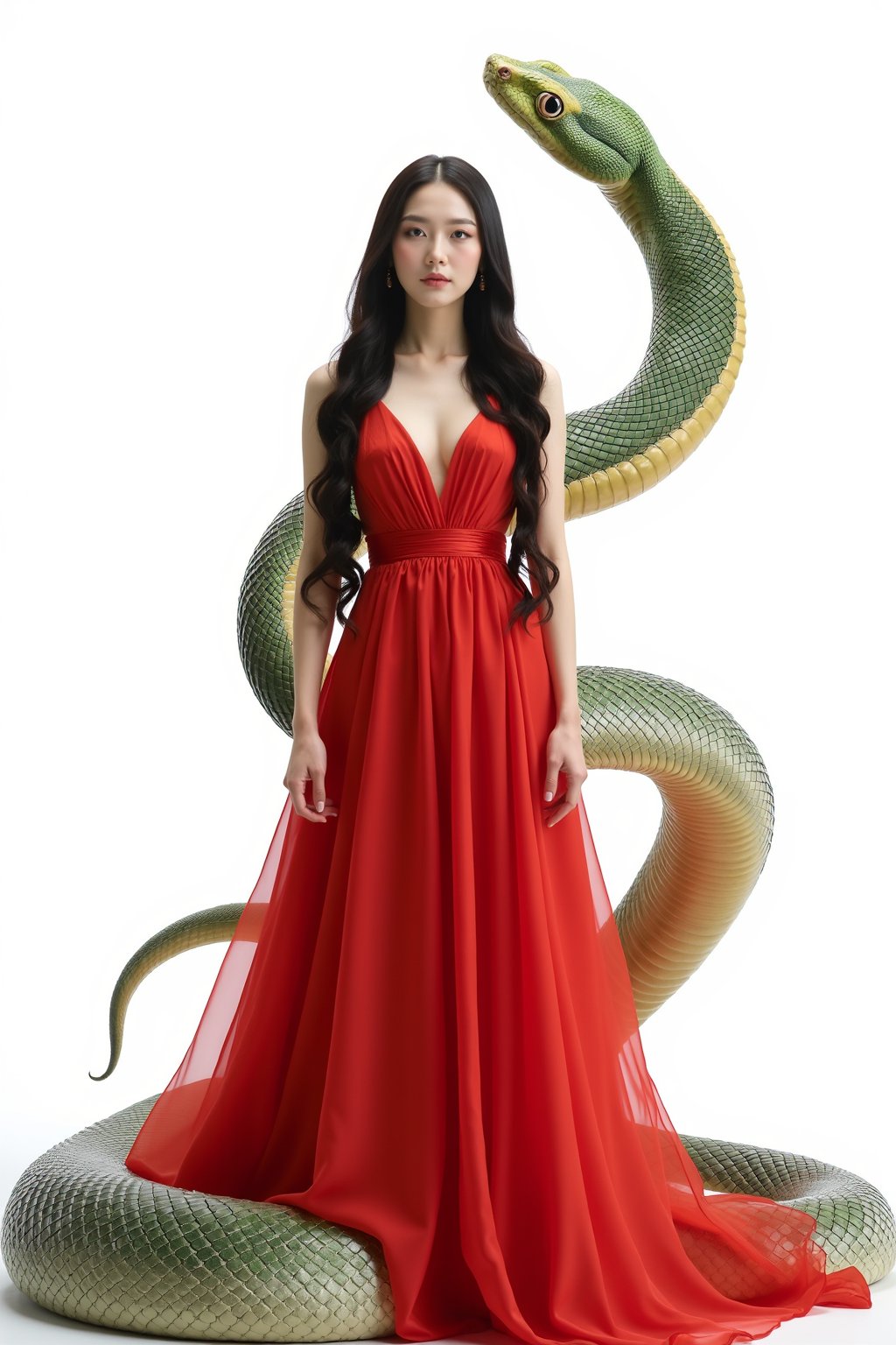 In a serene 8K resolution, a majestic Korean woman with long hair stands confidently in front of the camera, adorned in a regal red evening gown. Behind her, a colossal snake stretches its elegant curves, reminiscent of a flowing silk ribbon. The scales shimmer with a soft luminescence, gradating from deep green to pale yellow as if dancing in sunlight. The snake's head appears slightly flattened, with bright and lively eyes radiating an air of caution and mystery. As it subtly twitches its body, the scales produce a gentle rustling sound, as if whispering secrets. Its slender tail glides smoothly across the ground, exuding a sense of fluidity and elegance. The entire serpentine form conveys both power and agility, evoking the image of a sprite dancing in nature's embrace, captured in sharp focus against a pure white background.