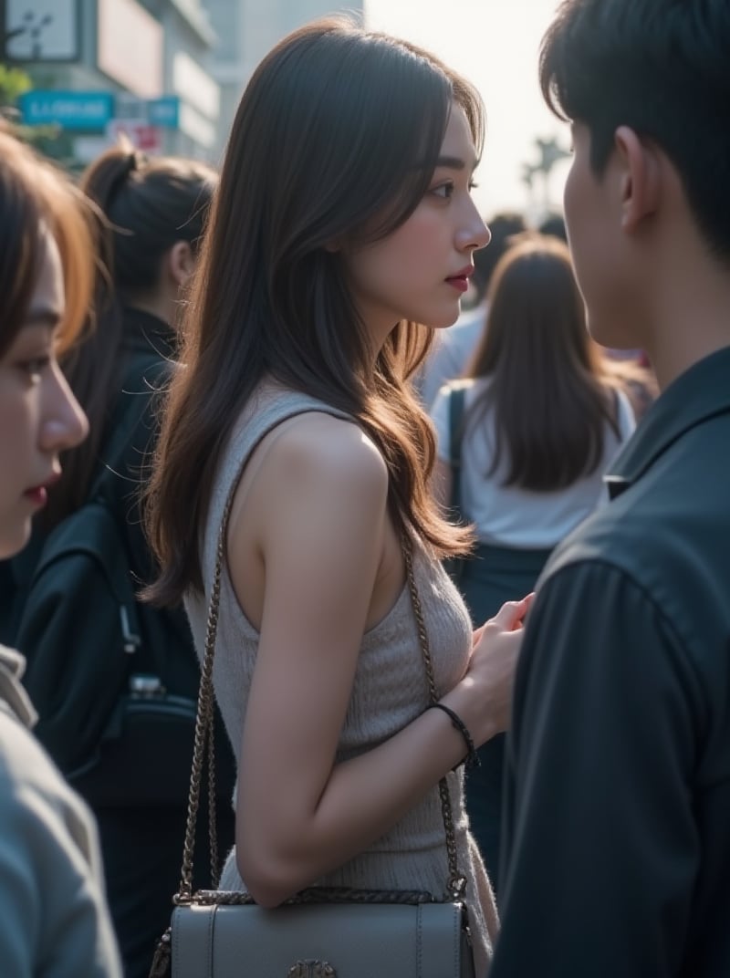 A Korean woman with long hair and sleeveless dress, holding a handbag and standing amidst a crowd of people walking in different directions. The camera captures her profile from between three passersby, their faces blurred out, focusing on the protagonist's subtle expression and silhouette as she gazes at her phone, surrounded by the bustling crowd.