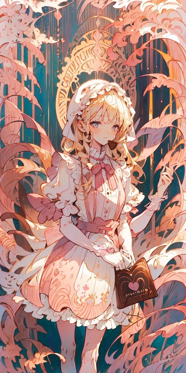 1girl, blonde hair, ((selling chocolate for boyfriend at chocolate shop)), Pink patent leather maid, pink dress,white thighhighs,white apron,cross-laced clothes, masterpiece, best quality, looking at viewer, vintage fantasy, watercolor, warm pastel colour tone, colourpencil style, ((half body)),kawaiitech,arudef