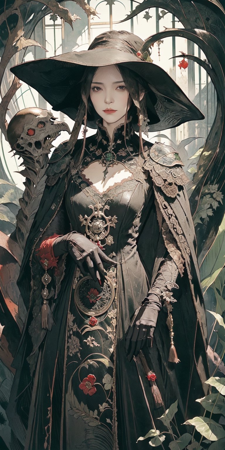 tired woman with messy short hair, female physician, plague doctor, wide-brimmed hat, leather gloves, bandages, eye bags, holding syringe filled with red liquid, grimdark, hires, masterpiece, absurdres, BREAK green plants, vines, moss, BREAK human skull, bones