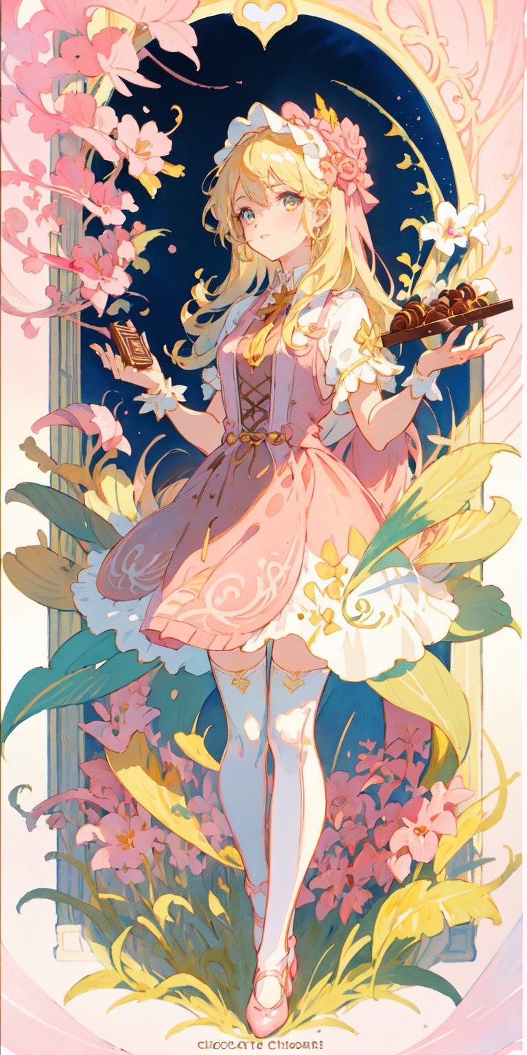 1girl, blonde hair, ((selling chocolate for boyfriend at chocolate shop)), Pink patent leather maid, pink dress,white thighhighs,white apron,cross-laced clothes, masterpiece, best quality, looking at viewer, vintage fantasy, watercolor, warm pastel colour tone, colourpencil style, ((half body)),kawaiitech,arudef,long hair