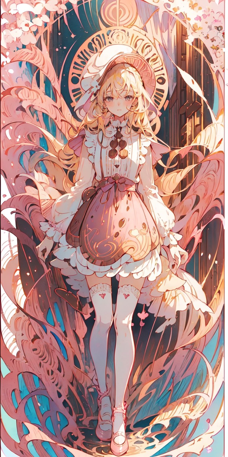 1girl, blonde hair, ((selling chocolate for boyfriend at chocolate shop)), Pink patent leather maid, pink dress,white thighhighs,white apron,cross-laced clothes, masterpiece, best quality, looking at viewer, vintage fantasy, watercolor, warm pastel colour tone, colourpencil style, ((half body)),kawaiitech,arudef