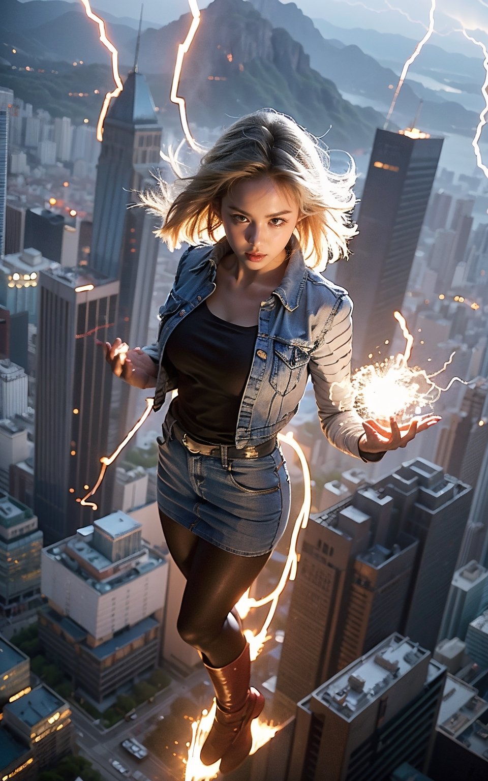 masterpiece, ultra realistic, 8K, Android_18_DB, full body, denim skirt, pantyhose, face focus, blond hair, look afar, top-down view,no gravity, she is weightlessness and flying through the buildings, cityscape, superwoman position,lighting, dramatic ball lightning between hands, thunder rings