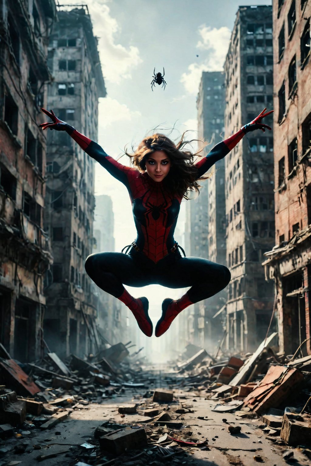 Beautiful girl, Spidergirl,jumping between big buildings, spider_girl jump pose, beautiful face , beautiful eyes, beautiful girl face 