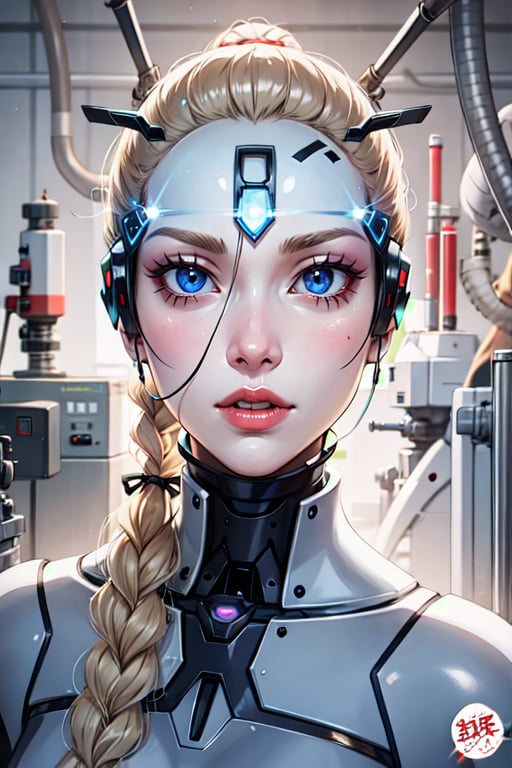 robot woman, naked, white, synthetic skin (no metal), long blonde hair gathered in a ponytail (braid), manufacturing lines all over the skin, mechanical eyes, red lips, Hd, anime, like deviant art.