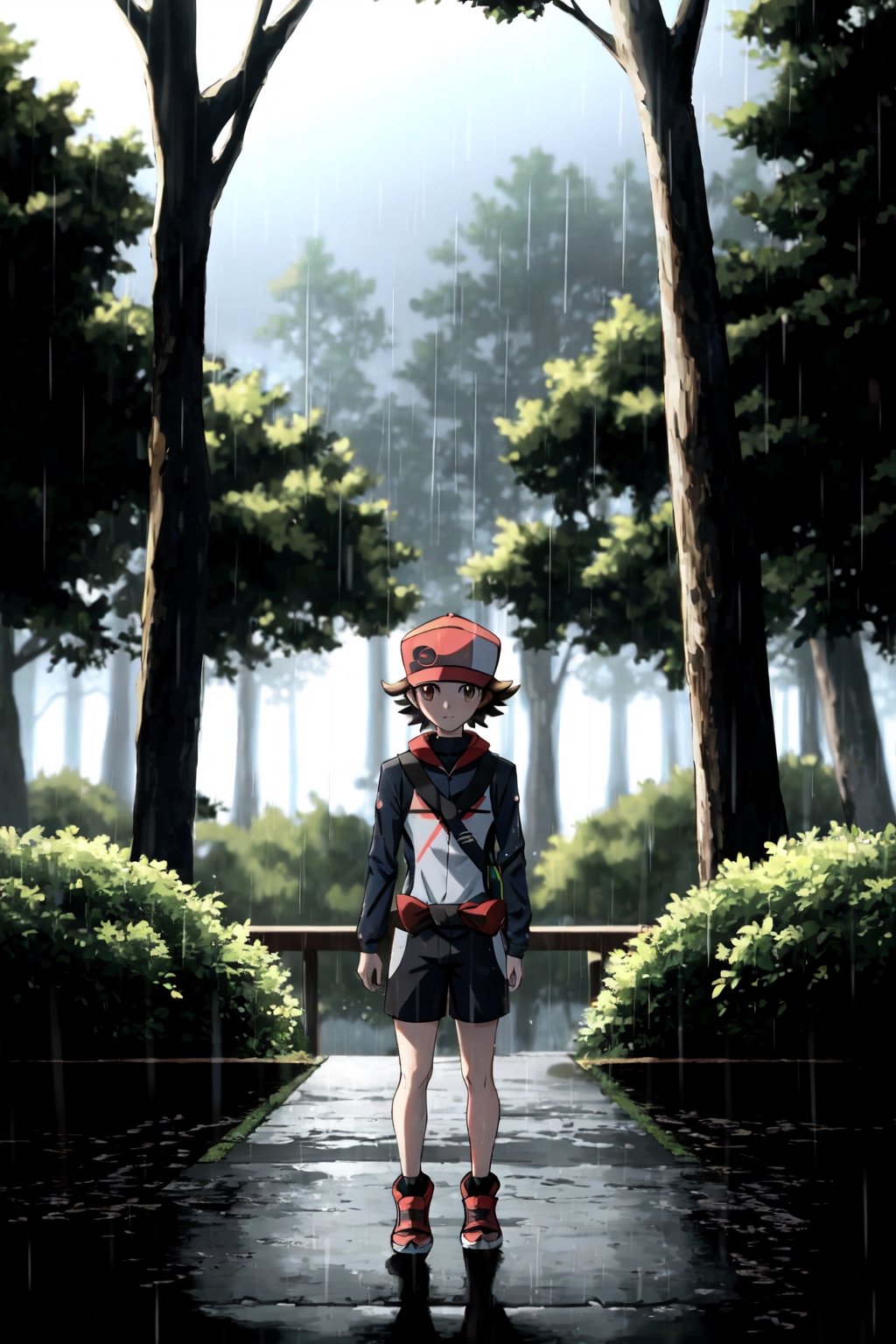 Hilbert (pokemon), red_masters, background forest while it's raining hard, waist up, details,