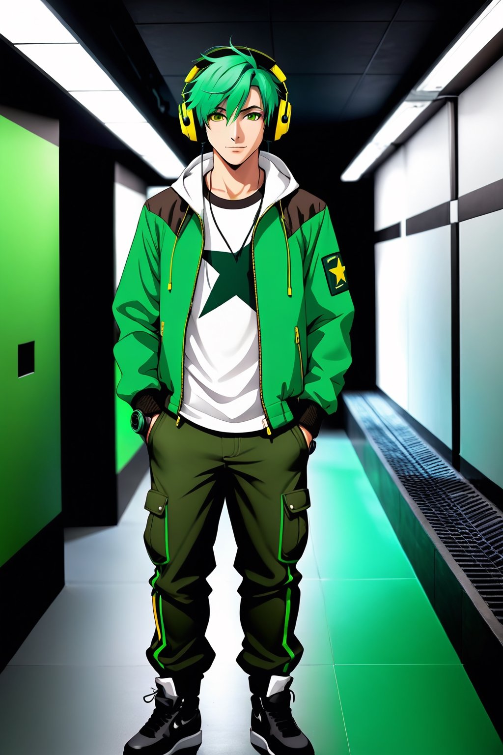 male, 23 years, green hair, headphones, Brown eyes, cap, White shirt, green jacket, star symbol on jacket, Black pants, black gloves, medium body, background underground room, half body, detailed, hd