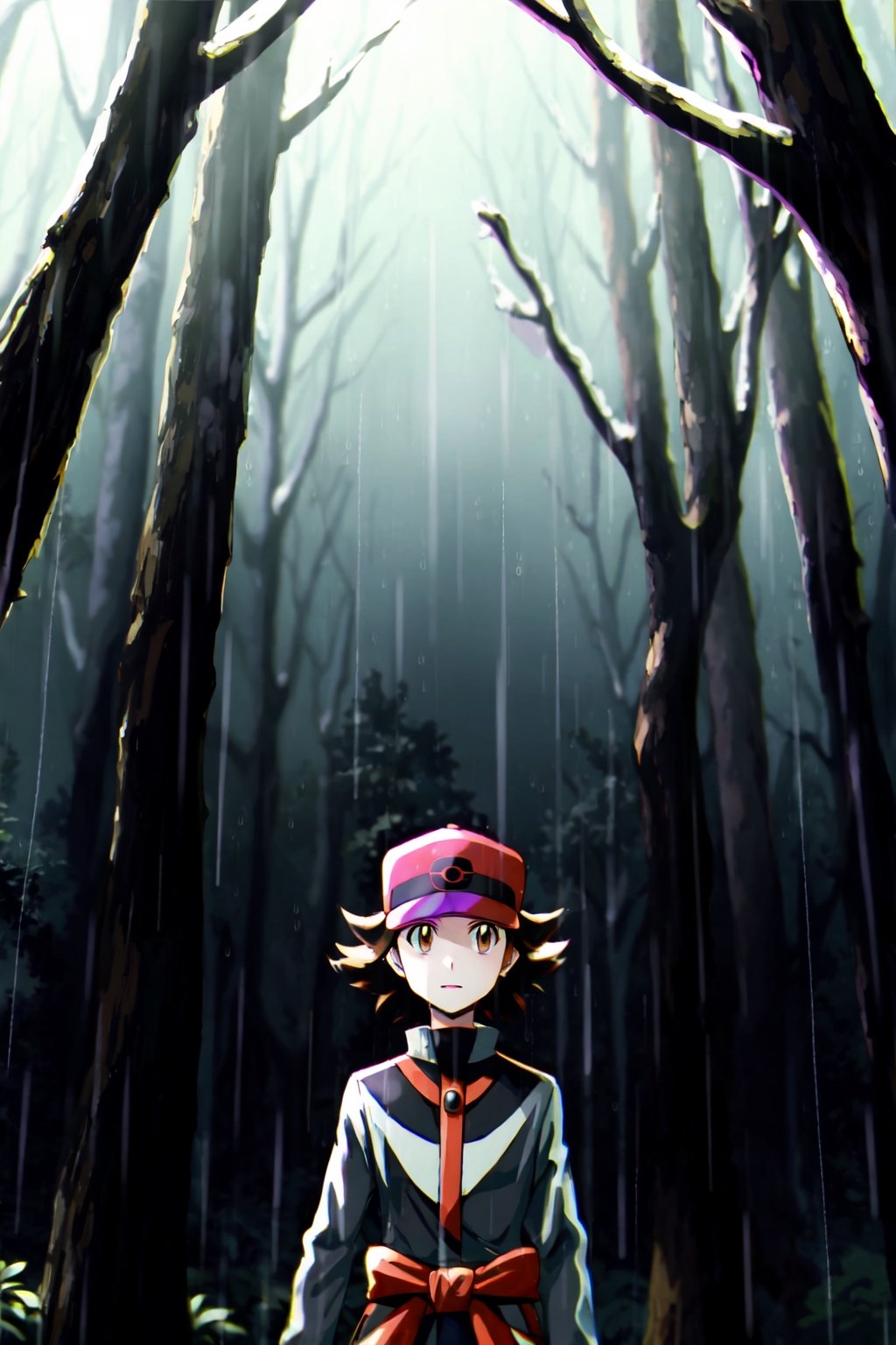 Hilbert (pokemon), red_masters, background forest while it's raining hard, waist up, details,