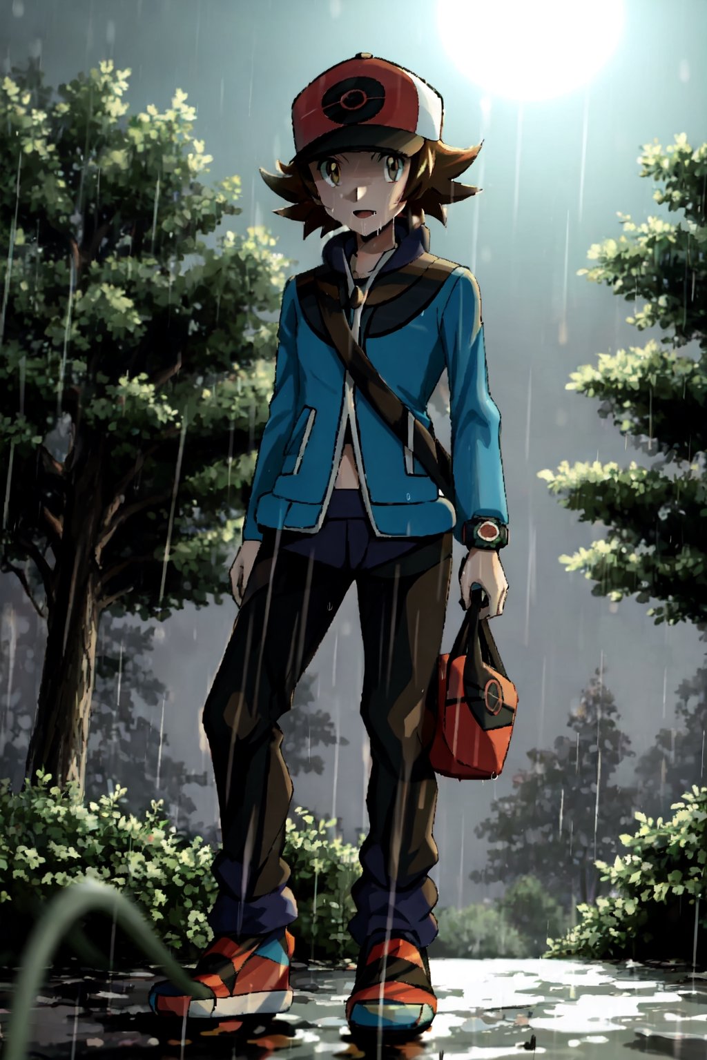 , forest, night, rain, ((Hilbert (pokemon)),