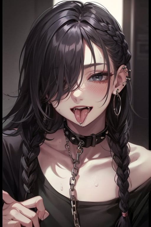 solo,long hair,looking at viewer,blush,smile,open mouth,bangs,shirt,black hair,1boy,jewelry,collarbone,upper body,braid,male focus,sweat,earrings,teeth,tongue,tongue out,hair over one eye,collar,black shirt,single braid,saliva,chain,piercing,ear piercing,spikes,tongue piercing

