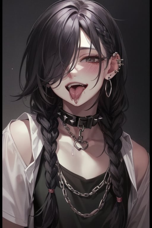 solo,long hair,looking at viewer,blush,smile,open mouth,bangs,shirt,black hair,1boy,jewelry,collarbone,upper body,braid,male focus,sweat,earrings,teeth,tongue,tongue out,hair over one eye,collar,black shirt,single braid,saliva,chain,piercing,ear piercing,spikes,tongue piercing

