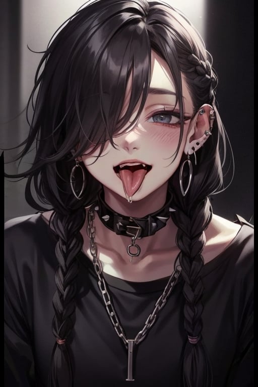 solo,long hair,looking at viewer,blush,smile,open mouth,bangs,shirt,black hair,1boy,jewelry,collarbone,upper body,braid,male focus,sweat,earrings,teeth,tongue,tongue out,hair over one eye,collar,black shirt,single braid,saliva,chain,piercing,ear piercing,spikes,tongue piercing

