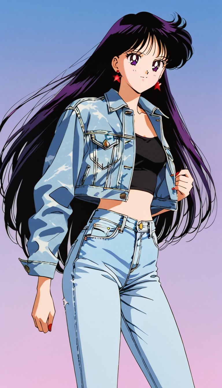 long straight hair,  wearing tight jeans and a cropped acid wash levi's denim jacket,  resembling rei hino by FTK24 on Ten...