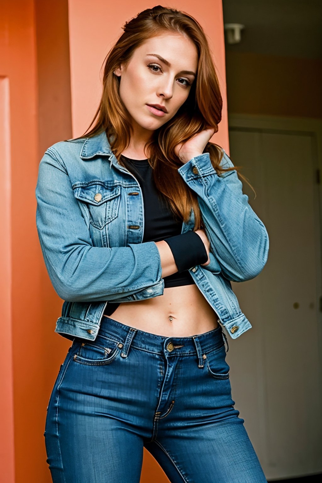 beautiful detailed eyes, tight jeans, tight cropped denim jacket, becky lynch make-up, posing very sexy and flirting during a model photoshoot, realistic, beckylynch