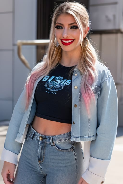 American woman 19 years old resembling Alexa Bliss, she is wearing levis jeans (cropped, tight, light blue color) and a ex-boyfriend levis denim jacket (light blue color), beautiful long hair, alexa bliss face, alexa bliss hairstyle, punk girl makeup with red lipstick, beautiful smile, posing, daylight, full body image, large hoop earrings, photoshoot