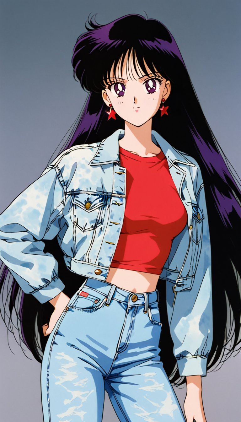 80s fashion female style,  long straight hair,  wearing 80s female jeans and a 80s acid wash levi's denim jacket by FTK24...