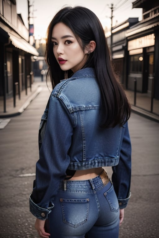 Japanese fashion influencer in her 20s standing candidly, natural pose, fitted jeans, cropped fitted denim jacket, captured from the back, raw style, black goth lips style, black eyeshadows, Sony A7III, aspect ratio 1:2, hyperreal, photorealistic quality, dramatic backlighting, soft shadows, depth of field, ultra clear, UHD drawing