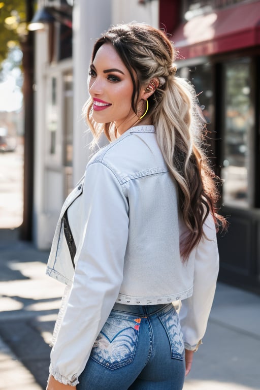 American fashion influencer resembling a hybrid of Megan Fox and Alexa Bliss in her 22s standing candidly outside, sexy pose, white t-shirt, tight levis jeans acid wash color, levis acid wash light blue denim jacket, captured from the back raw style, fashion lips, hybrid hairstyle, black eyeshadows, large hoop earrings, flirty smile, Sony A7III, aspect ratio 1:2, hyperreal, photorealistic quality, dramatic backlighting, soft shadows, depth of field, ultra clear, UHD drawing