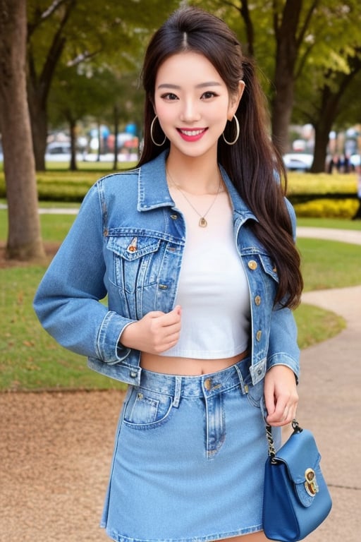 Two stunningly beautiful rich glamourus 21 years old japanese couple girl, long hair ponytail and fringe, posing flirty in a park, flirty lips, flirty smile, very much detailed make-up (wearing women school uniform) (wearing cropped levis denim jacket in light blue color) (small handbag) (hoop earrings) High quality photos, 8k extreme detailed, full body shot