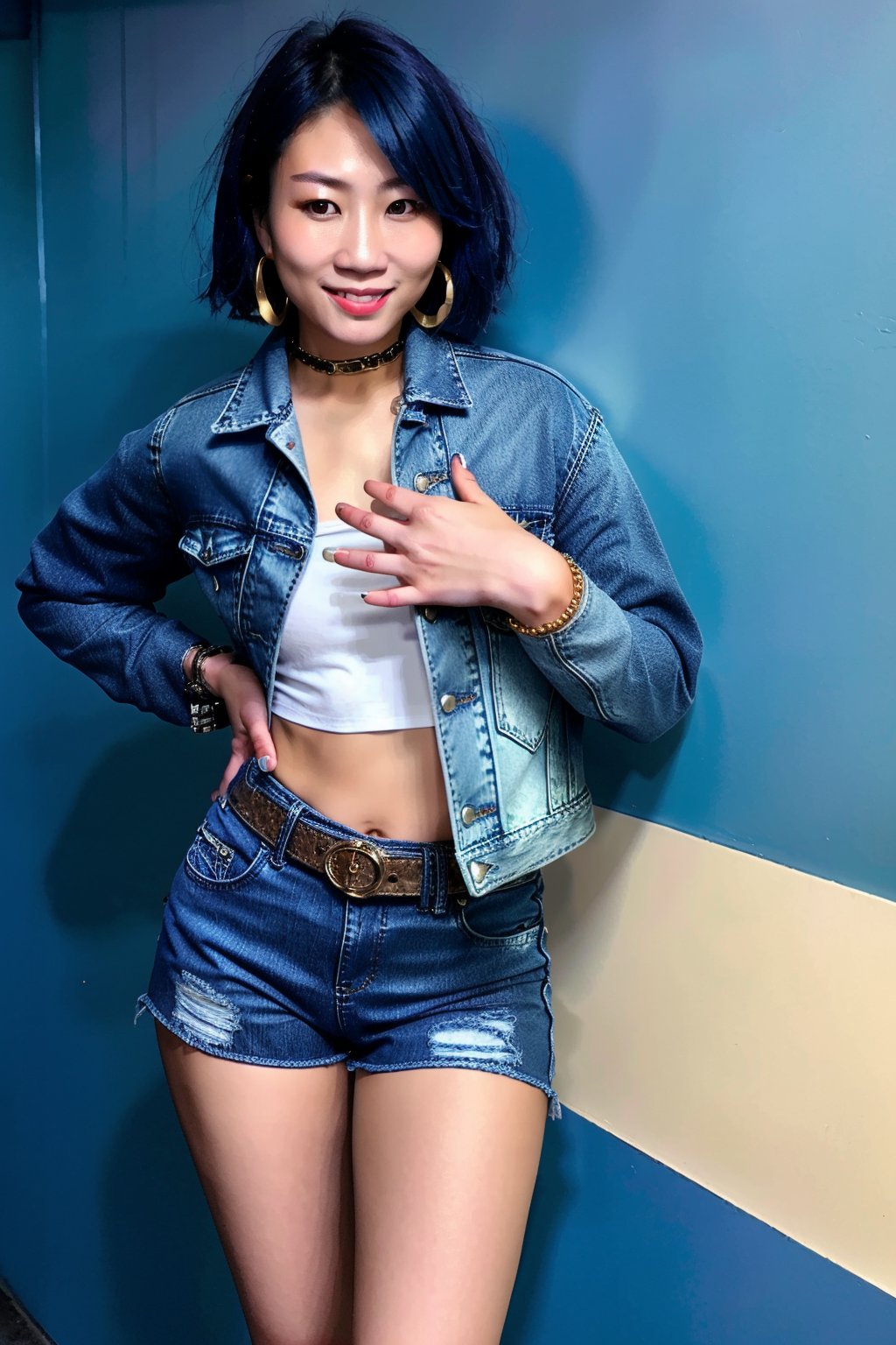 Japanese woman wearing cropped light blue denim jacket and tight light blue jeans, 19 years old, punk belt, fashion girl make-up, big hoop earrings, flirty lips, smile, she is dating with you in a night club, short hair