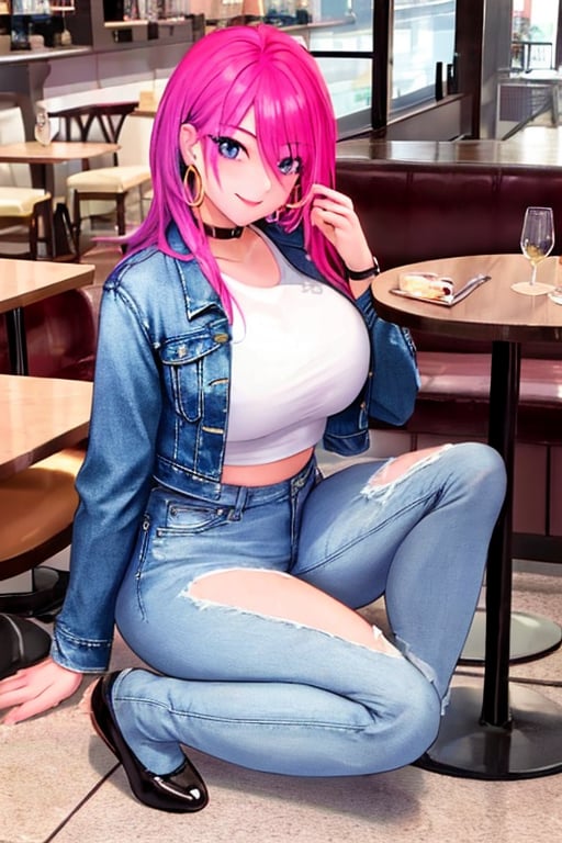 A hot baddie japanese girl is having a date and is flirting with you in a restaurant wanting to be your girlfriend, beautiful detailed eyes, flirty beautiful perfect smile, hot jeans in light blue color, cropped denim jacket, hoop earrings, asuka face, baddie make-up,asuka, full body shot