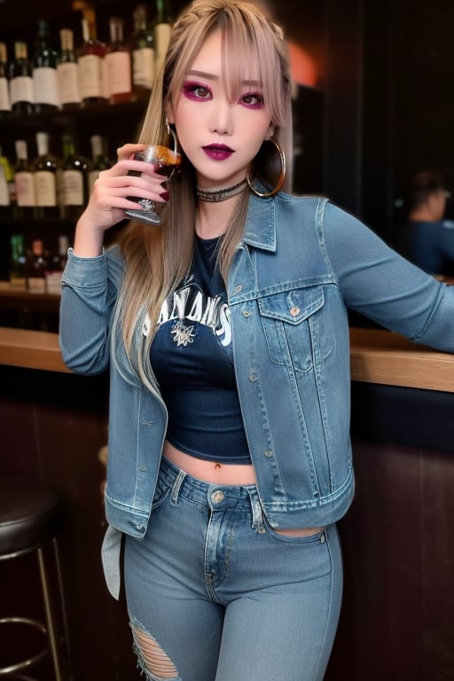 supermodel asian girl, 29 years old, beautiful detailed eyes, make-up, dark lips, posing sexy, full body shot in a bar drinking a whisky, kairi sane hairstyle blonde hair, loose 80s levis jeans type, jack daniels t-shirt resemble, fitted levi's denim jacket type in very strong acid wash blue color, large hoop earrings