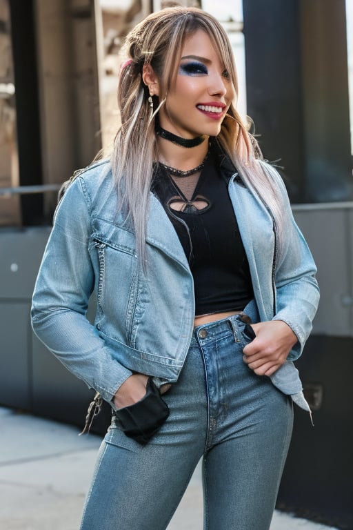 American fashion influencer resembling a hybrid of Kairi Sane and Alexa Bliss in her 22s standing candidly outside, sexy pose, white t-shirt, tight levis jeans acid wash color, levis acid wash light blue denim jacket, captured from the back raw style, fashion lips, hybrid hairstyle, black eyeshadows, large hoop earrings, flirty smile, Sony A7III, aspect ratio 1:2, hyperreal, photorealistic quality, dramatic backlighting, soft shadows, depth of field, ultra clear, UHD drawing