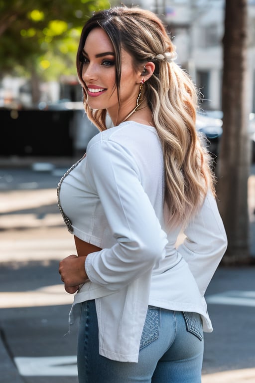 American fashion influencer resembling a hybrid of Megan Fox and Alexa Bliss in her 22s standing candidly outside, sexy pose, white t-shirt, tight levis jeans acid wash color, levis acid wash light blue denim jacket, captured from the back raw style, fashion lips, hybrid hairstyle, black eyeshadows, large hoop earrings, flirty smile, Sony A7III, aspect ratio 1:2, hyperreal, photorealistic quality, dramatic backlighting, soft shadows, depth of field, ultra clear, UHD drawing