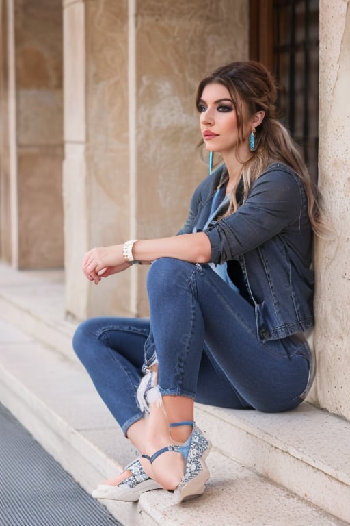 American woman 30 years old resembling Alexa Bliss, she is wearing levis jeans (short, tight, light blue color) and a ex-boyfriend levis denim jacket (light blue color), beautiful long hair, alexa bliss face, alexa bliss hairstyle, harley quinn makeup, posing, daylight, full body image, large hoop earrings, photoshoot