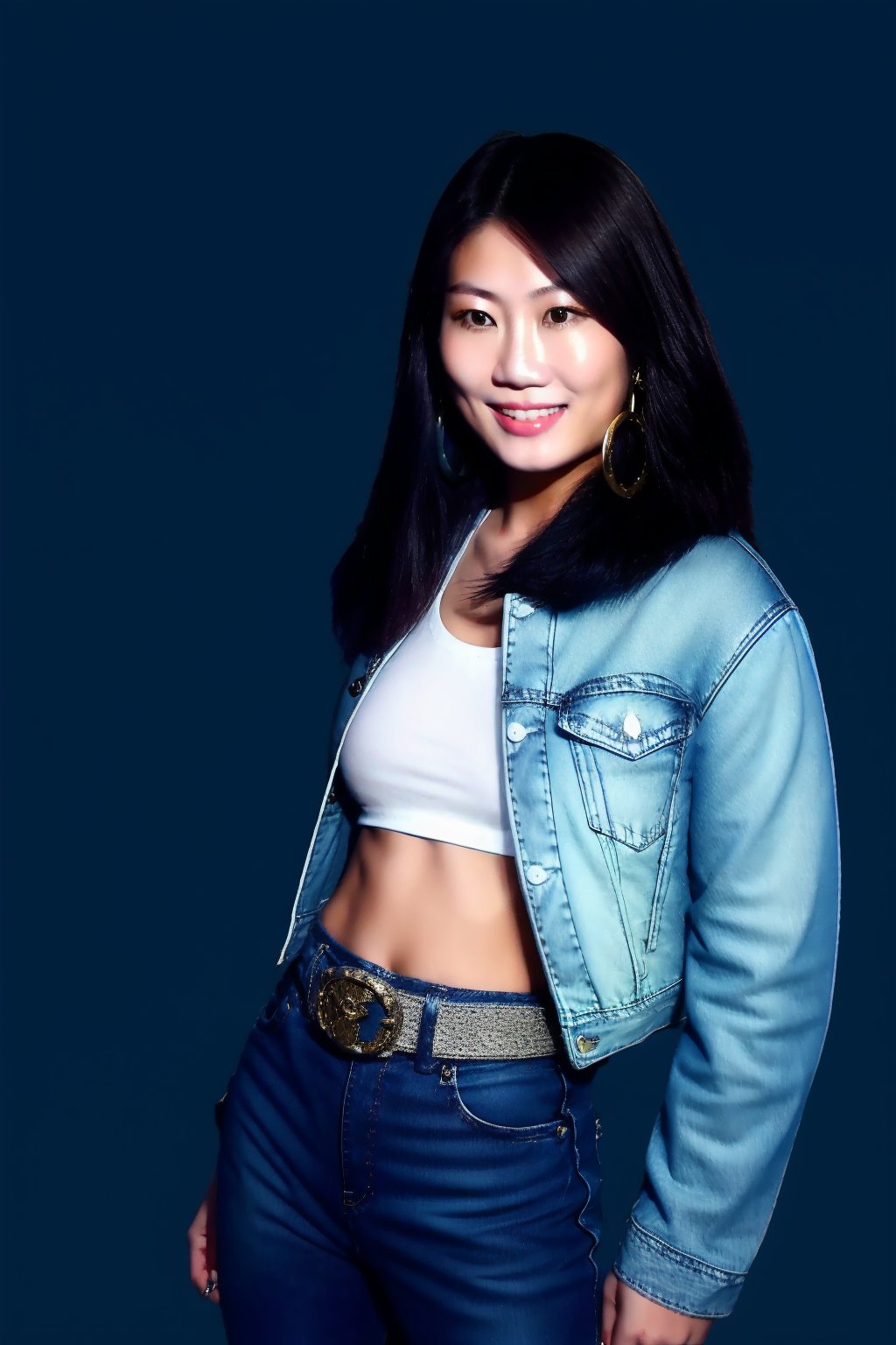 Japanese woman wearing cropped light blue denim jacket and tight light blue jeans, 19 years old, punk belt, fashion girl make-up, big hoop earrings, flirty lips, smile, she is dating with you in a night club