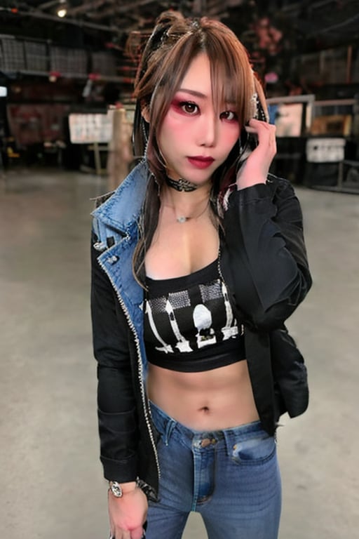 Kairi Sane is a hot rebel and bad girl posing sexy looking naughty at the camera, she is wearing Levi's jeans, Levi's denim jacket and a sexy Levi's t-shirt