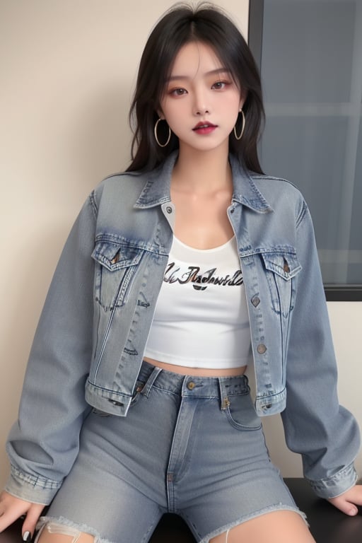 supermodel asian girl, 17 years old, beautiful detailed eyes, t, make-up, dark lips, posing sexy, 80s hairstyle, loose 80s levis jeans type, jack daniels t-shirt resemble, 80s levi's denim jacket type in very strong acid wash blue color, large hoop earrings