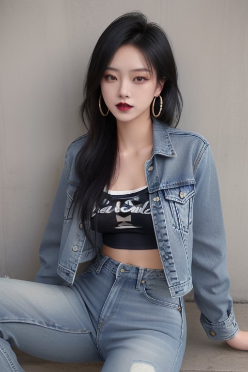 punk asian girl, 19 years old, beautiful detailed eyes, punk girl make-up, dark lips, posing sexy, punk girl hairstyle, loose 80s levis jeans type, jack daniels t-shirt resemble, 80s levi's denim jacket type in very strong acid wash blue color, large hoop earrings