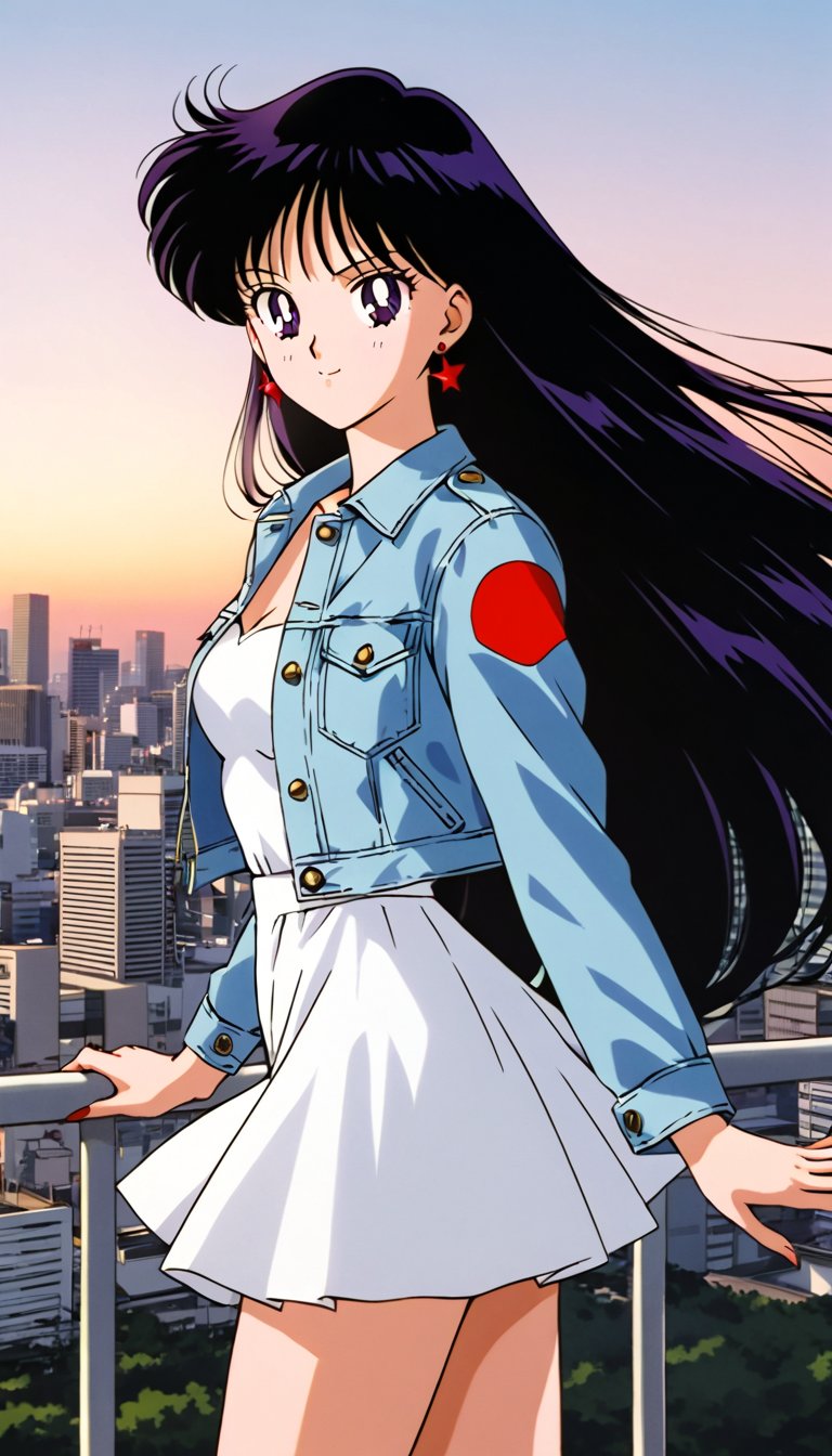 Long straight hair,  wearing a short dress and a cropped female denim jacket,  resembling rei hino by FTK24 on Tensor.Art