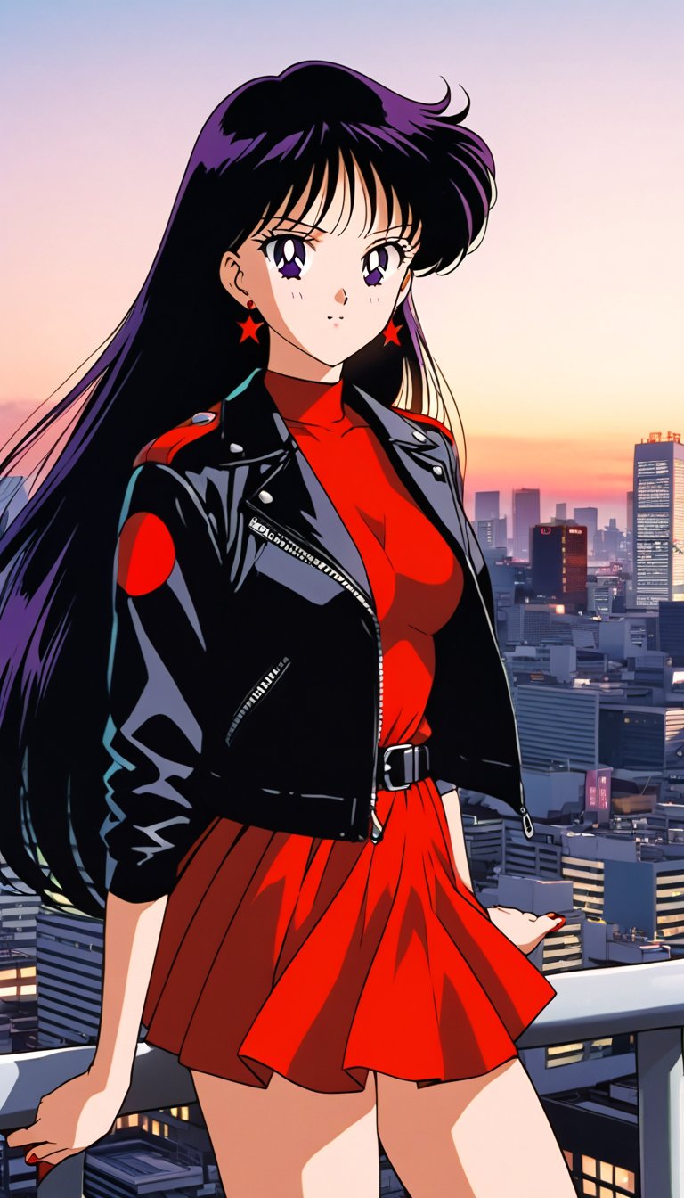 Fashion japanese female style,  long straight hair,  wearing a tight and short dress red color and a biker girl jacket by...
