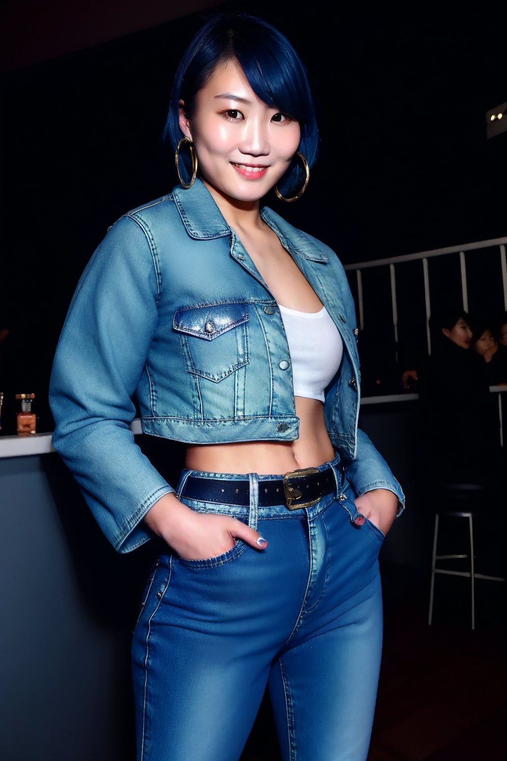 Japanese woman wearing cropped light blue denim jacket and tight light blue jeans, 19 years old, punk belt, fashion girl make-up, big hoop earrings, flirty lips, smile, she is dating with you in a night club, short hair