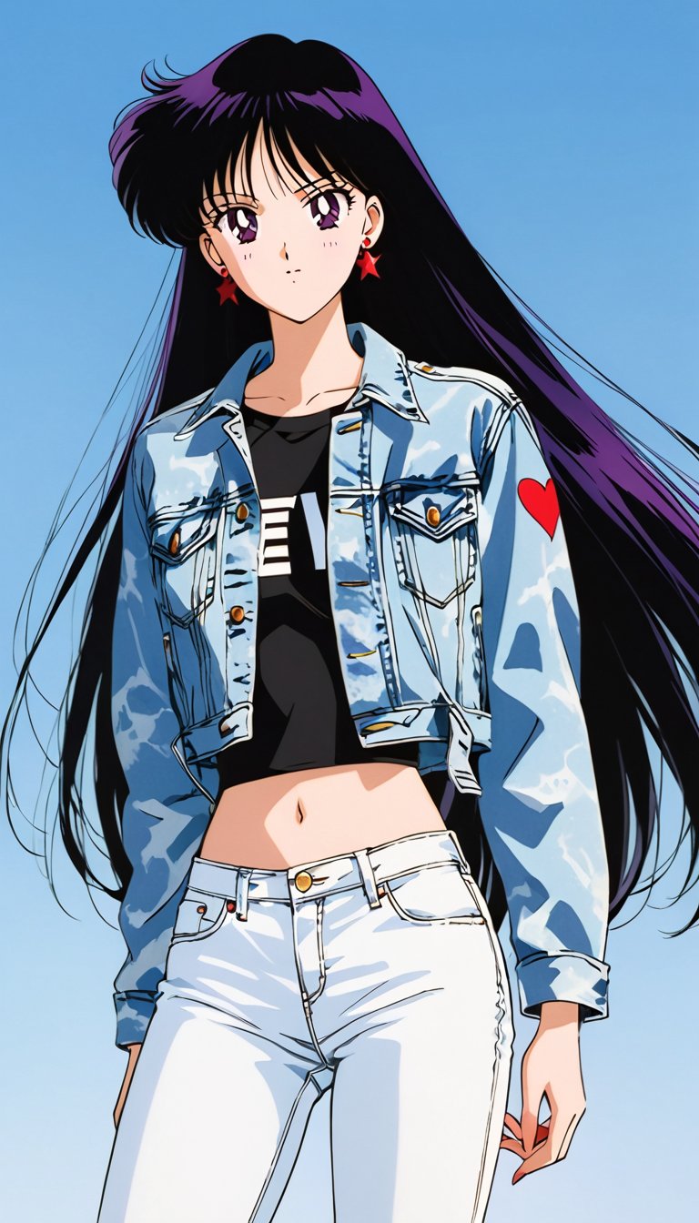 long straight hair,  wearing tight jeans and a cropped acid wash levi's denim jacket,  resembling rei hino by FTK24 on Ten...