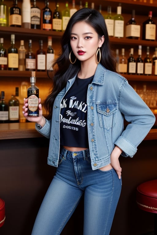 supermodel asian girl, 19 years old, beautiful detailed eyes, t, make-up, dark lips, posing sexy, full body shot in a bar drinking a whisky, 80s hairstyle, loose 80s levis jeans type, jack daniels t-shirt resemble, 80s levi's denim jacket type in very strong acid wash blue color, large hoop earrings