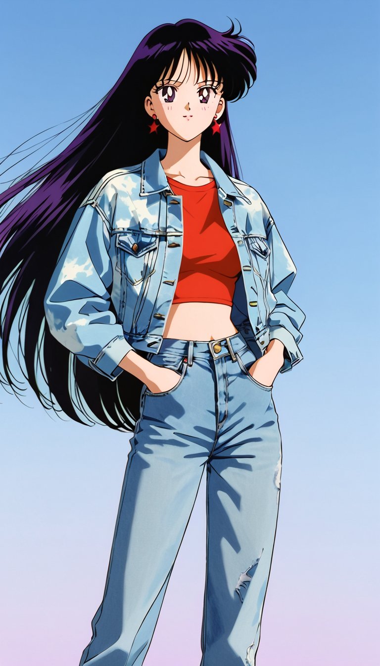 90s fashion female style,  long straight hair,  wearing 90s female jeans and a 90s acid wash levi's denim jacket by FTK24...
