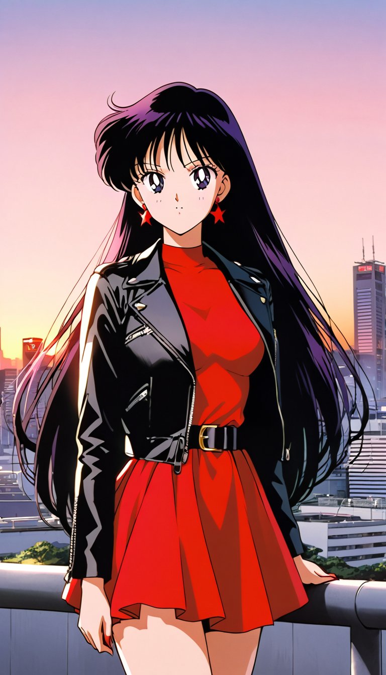 Fashion japanese female style,  long straight hair,  wearing a red dress and a biker girl leather jacket by FTK24 on Tenso...