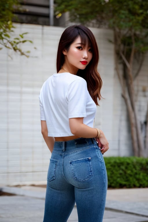 Japanese fashion influencer in her 20s standing candidly, natural pose, white t-shirt, fitted jeans, cropped fitted denim jacket, captured from the back, raw style, red lips, long hair. black eyeshadows, Sony A7III, aspect ratio 1:2, hyperreal, photorealistic quality, dramatic backlighting, soft shadows, depth of field, ultra clear, UHD drawing