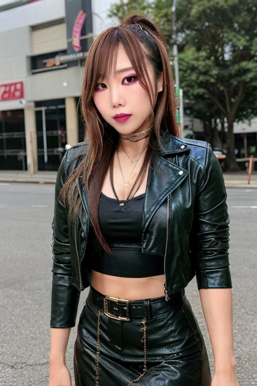 Kairi Sane is a japanese fashion influencer in her 20s,  very detailed fashion girl make up,  sexy dress and cropped leath...