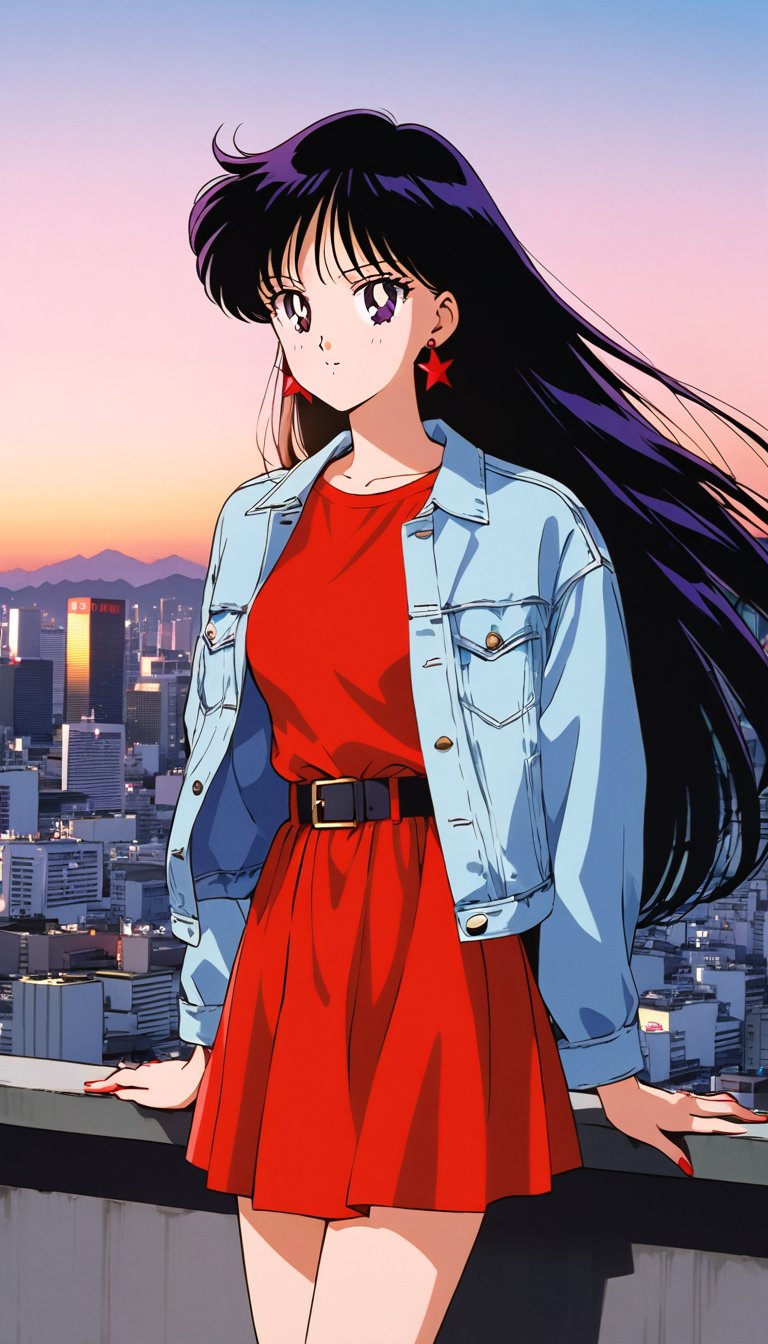 Fashion japanese female style,  long straight hair,  wearing a red dress and a levi's ex-boyfriend denim jacket in light b...