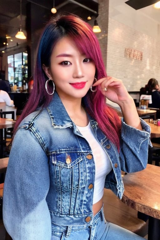 A hot baddie japanese girl is having a date and is flirting with you in a restaurant wanting to be your girlfriend, beautiful detailed eyes, flirty beautiful perfect smile, hot jeans in light blue color, cropped denim jacket, hoop earrings, asuka face, baddie make-up,asuka, full body shot