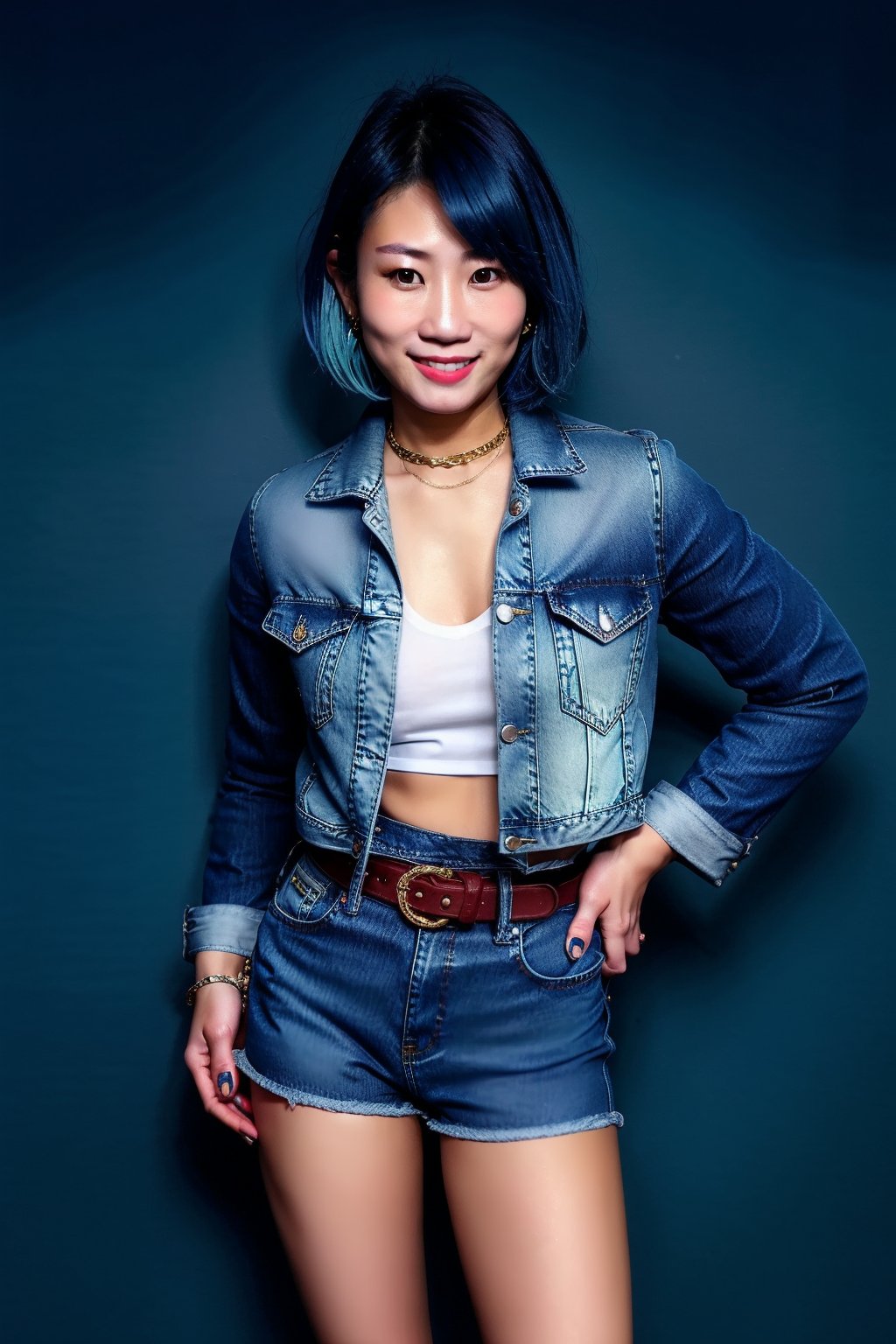 Japanese woman wearing cropped light blue denim jacket and tight light blue jeans, 19 years old, punk belt, fashion girl make-up, big hoop earrings, flirty lips, smile, she is dating with you in a night club, short hair