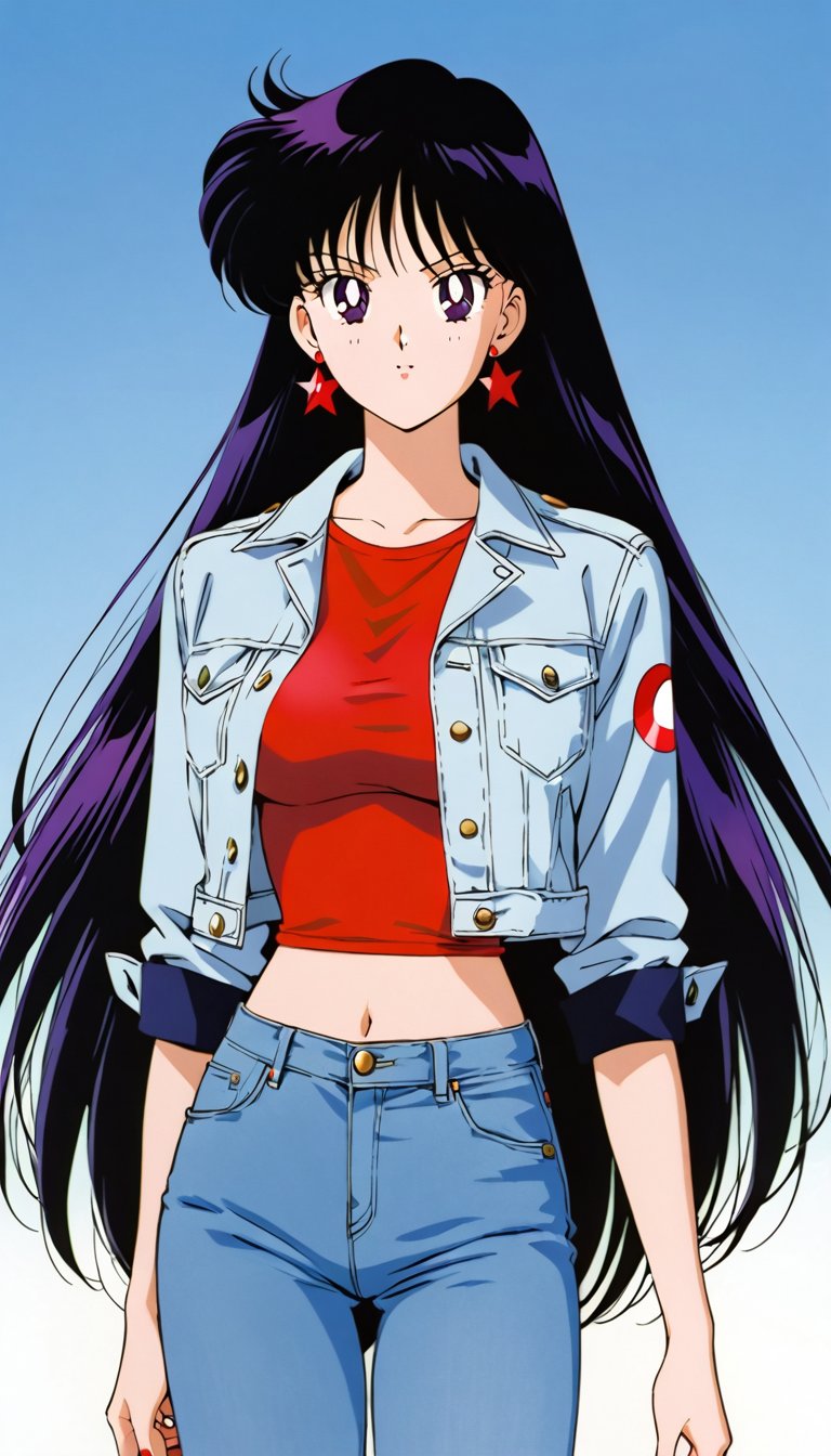 long straight hair,  wearing tight jeans and a cropped denim jacket,  resembling rei hino by FTK24 on Tensor.Art
