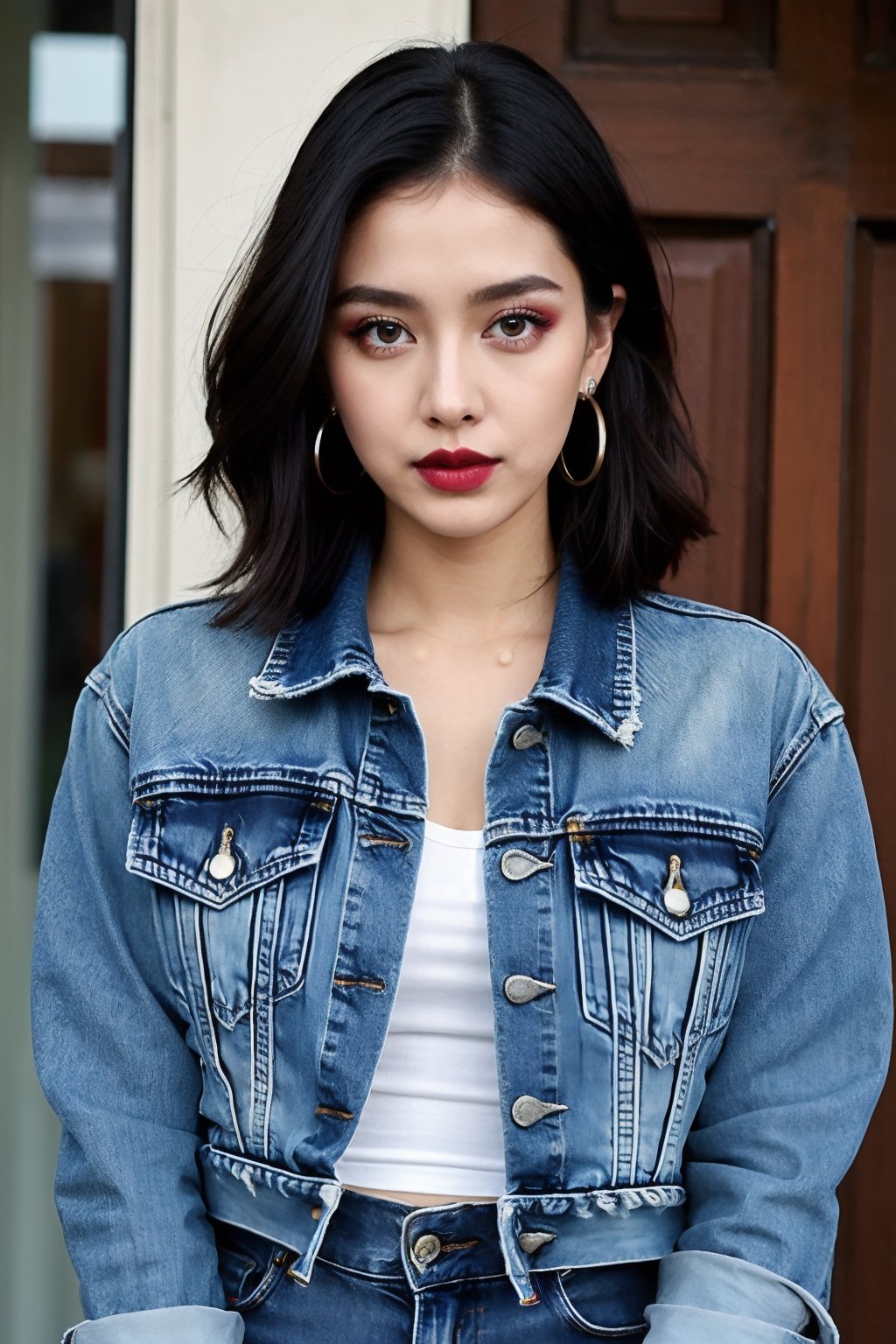 slim girl, beautiful detailed eyes, tight jeans, cropped denim jacket, punk girl make-up, punk girl haircolor, dark lips, hoop earrings, full body shot