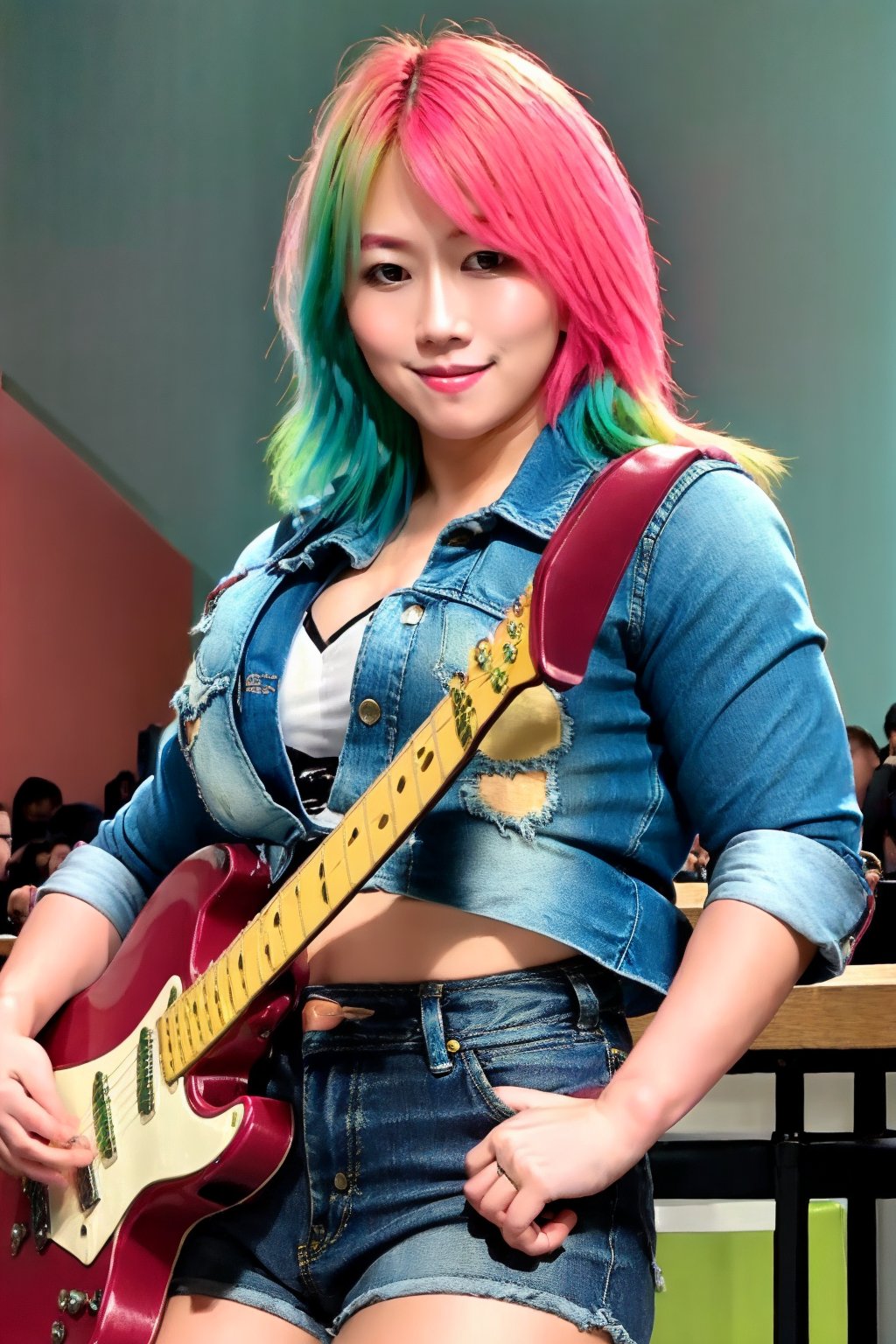 sexy smile, pink green hair color, she is wearing tight levis jeans and levis women denim jacket in light blue color, she is playing an electric guitar