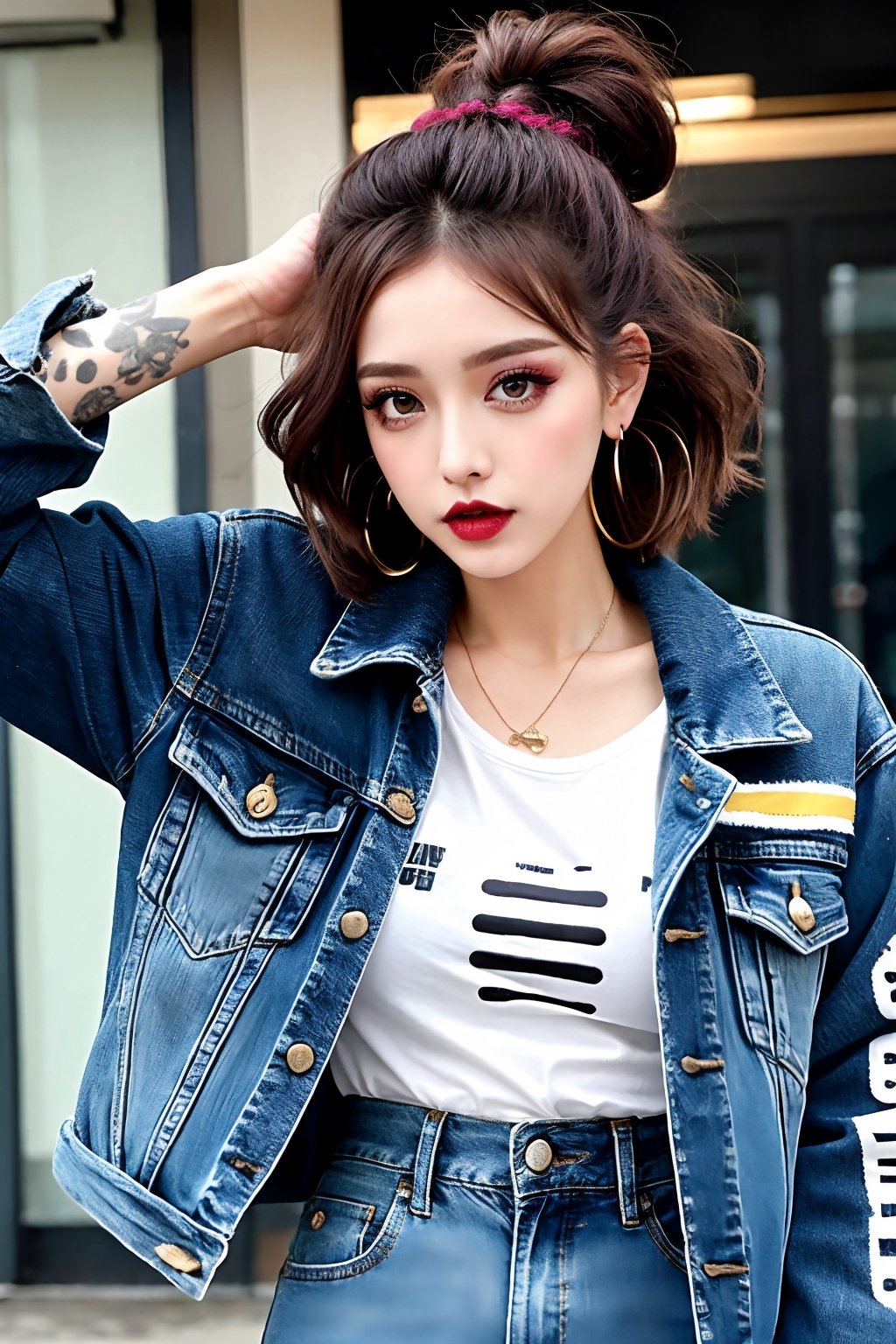 slim girl, beautiful detailed eyes, tight jeans, cropped denim jacket, punk girl make-up, punk girl haircolor, dark lips, hoop earrings