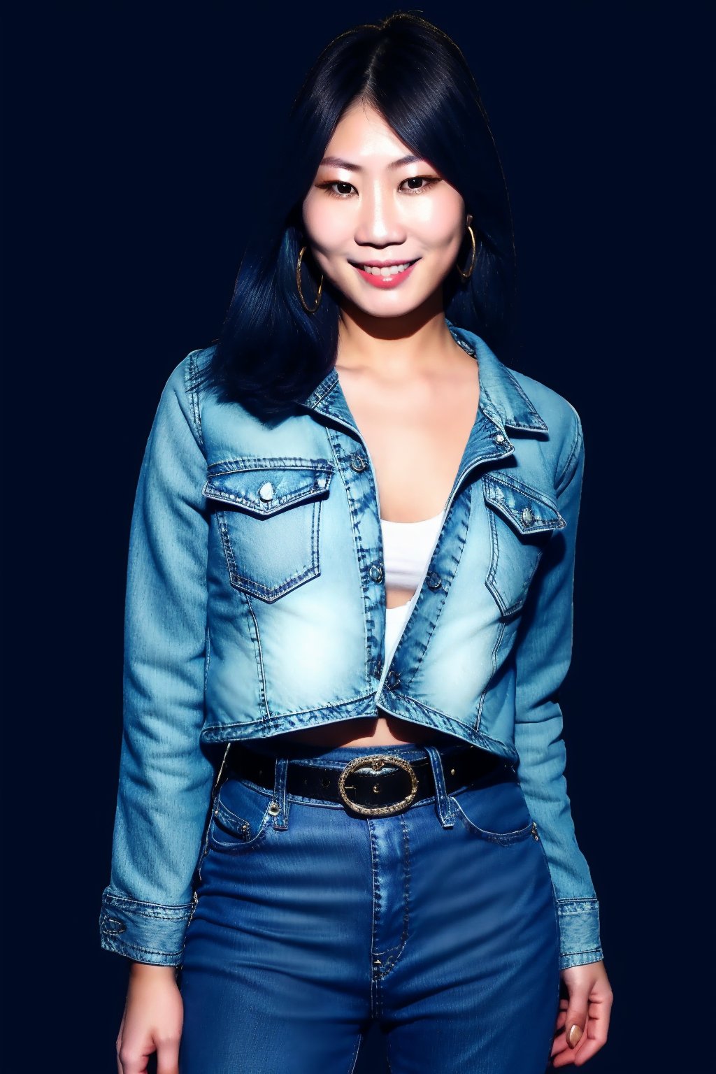 Japanese woman wearing cropped light blue denim jacket and tight light blue jeans, 19 years old, punk belt, fashion girl make-up, big hoop earrings, flirty lips, smile, she is dating with you in a night club